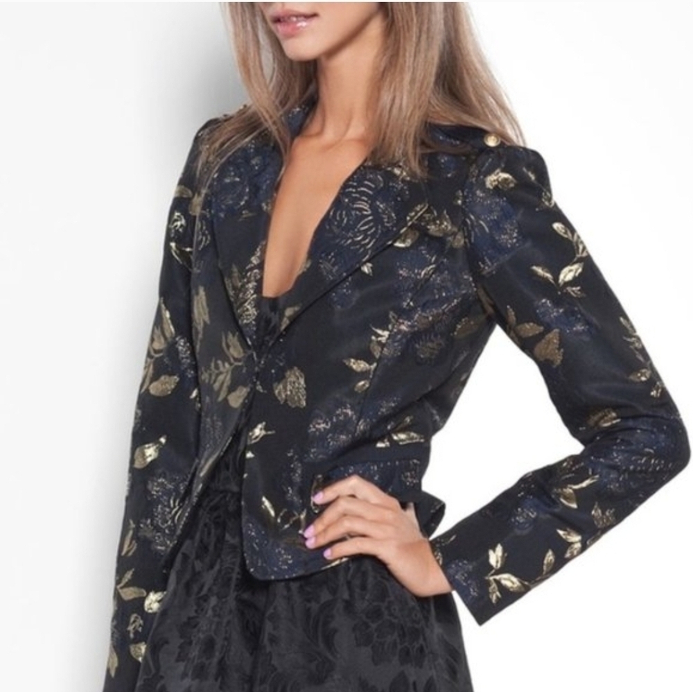 Elie Tahari Navy & Gold Metallic Floral Jacquard Blazer